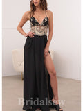 Black A-line Spaghetti Straps Summer Slit Stylish Long Women Evening Prom Dresses PD864