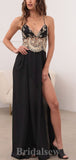 Black A-line Spaghetti Straps Summer Slit Stylish Long Women Evening Prom Dresses PD864