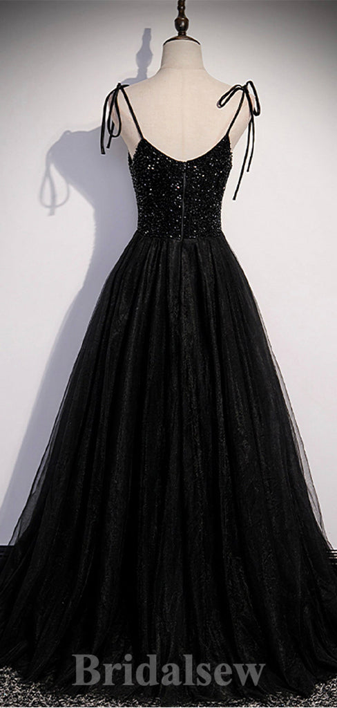 Black A-line Spaghetti Straps Top Sequin Modest Long Women Evening Prom Dresses PD865