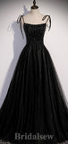 Black A-line Spaghetti Straps Top Sequin Modest Long Women Evening Prom Dresses PD865