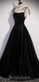 Black A-line Spaghetti Straps Top Sequin Modest Long Women Evening Prom Dresses PD865