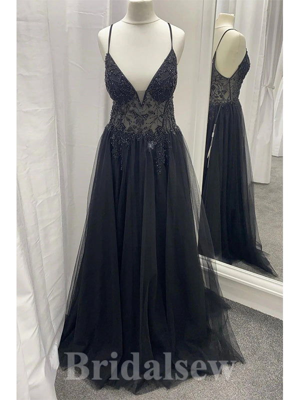 Black A-line Spaghetti Straps Unique Elegant Party Long Women Evening Prom Dresses PD881
