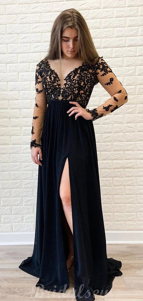 Black Chiffon Long Sleeves Formal Side Slit Modest Long Prom Dresses P bridalsew Black Chiffon Long Sleeves Formal Side Slit Modest Long Prom Dresses P bridalsew