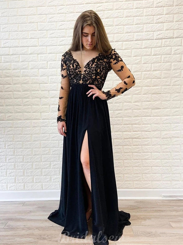 Black Chiffon Long Sleeves Formal Side Slit Modest Long Prom Dresses PD002