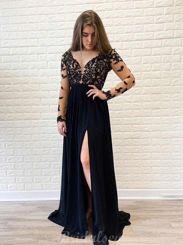 Black Chiffon Long Sleeves Formal Side Slit Modest Long Prom Dresses P bridalsew Black Chiffon Long Sleeves Formal Side Slit Modest Long Prom Dresses P bridalsew