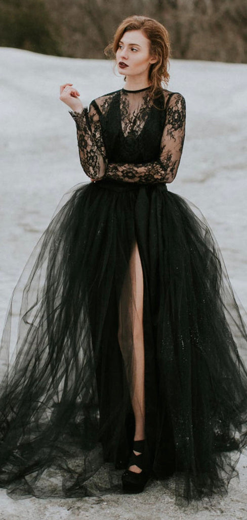 Black Long Sleeves Gorgeous Lace Unique Wedding Dresses, Bridal Gowns WD092