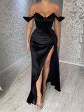 Black Mermaid Long Party Women Prom Dresses, Off the Shoulder Slit Fashion Evening Dress PD681