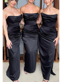 Black Mermaid Strapless Satin Plus Size Custom Long Formal Bridesmaid Dresses BD195