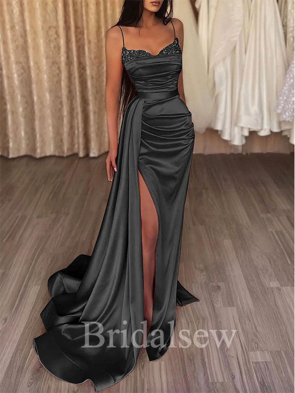 Black Mermaid Straps Elegant Women Satin Formal Evening Long Prom Dresses PD560