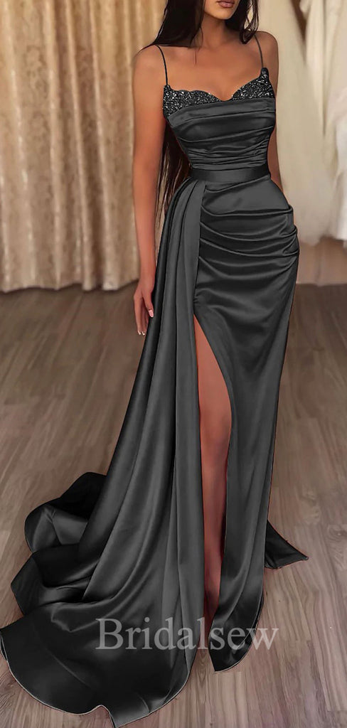 Black Mermaid Straps Elegant Women Satin Formal Evening Long Prom Dresses PD560