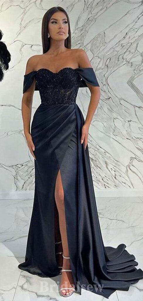 Black Off the Shoulder Custom Elegant Mermaid Long Fashion Evening Prom Dresses, PD1243