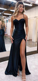Black Popular Best Spaghetti Straps Stylish Unique Mermaid Long Party Evening Prom Dresses, PD1257