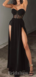 Black Popular Elegant High Slit Fitted Mermaid Long Women Evening Prom Dresses PD776