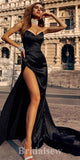 Black Satin Simple Strapless Elegant Slit Best Party Evening Long Prom Dresses PD1109
