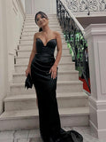 Black Simple Elegant Strapless Satin Fitted Mermaid Long Women Evening Prom Dresses PD775