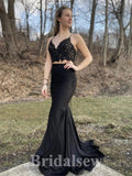 Black Spaghetti Straps Two Pieces Elegant Mermaid Formal Long Evening Prom Dresses PD1056
