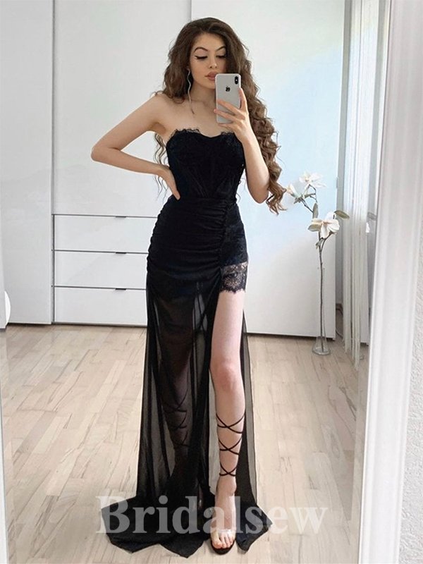 Black Strapless Elegant High Slit Mermaid Formal Long Evening Prom Dresses PD1055