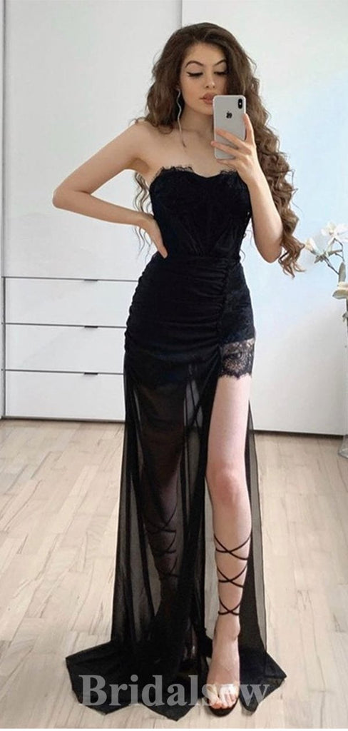 Black Strapless Elegant High Slit Mermaid Formal Long Evening Prom Dresses PD1055