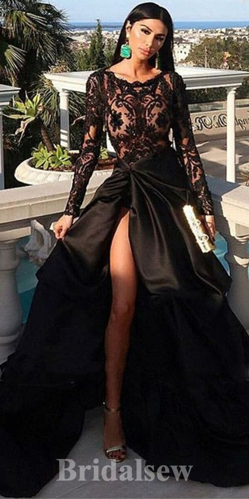 Black long Sleeves Top Lace Satin High Slit Best Party Evening Long Prom Dresses PD1108