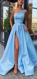 Blue A-line Satin Simple Modest Party Elegant Long Prom Dresses with Slit PD315