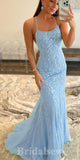 Blue Charming Lace Mermaid Spaghetti Straps New Popular Long Party Evening Prom Dresses PD974