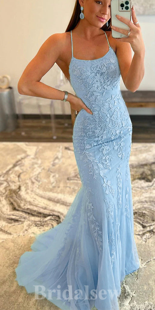Blue Charming Lace Mermaid Spaghetti Straps New Popular Long Party Evening Prom Dresses PD974