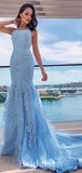 Blue Lace Mermaid Formal Party Long Straps Elegant Evening Prom Dresses PD1059