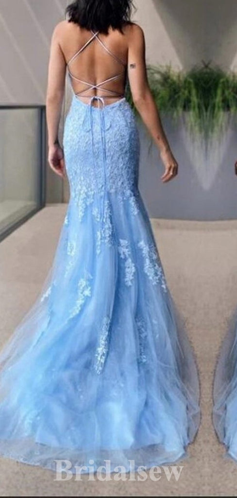 Blue Lace Mermaid Formal Party Long Straps Elegant Evening Prom Dresses PD1059