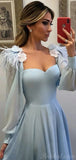 Blue Long A-line Long Sleeves Modest Formal Prom Dresses PD127