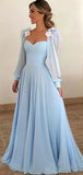 Blue Long A-line Long Sleeves Modest Formal Prom Dresses PD127