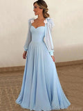 Blue Long A-line Long Sleeves Modest Formal Prom Dresses PD127