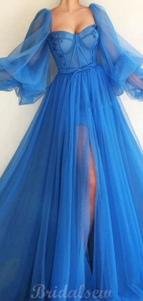 Blue Long Sleeves Tulle Side Slit Long Modest Evening Prom Dresses Online PD090