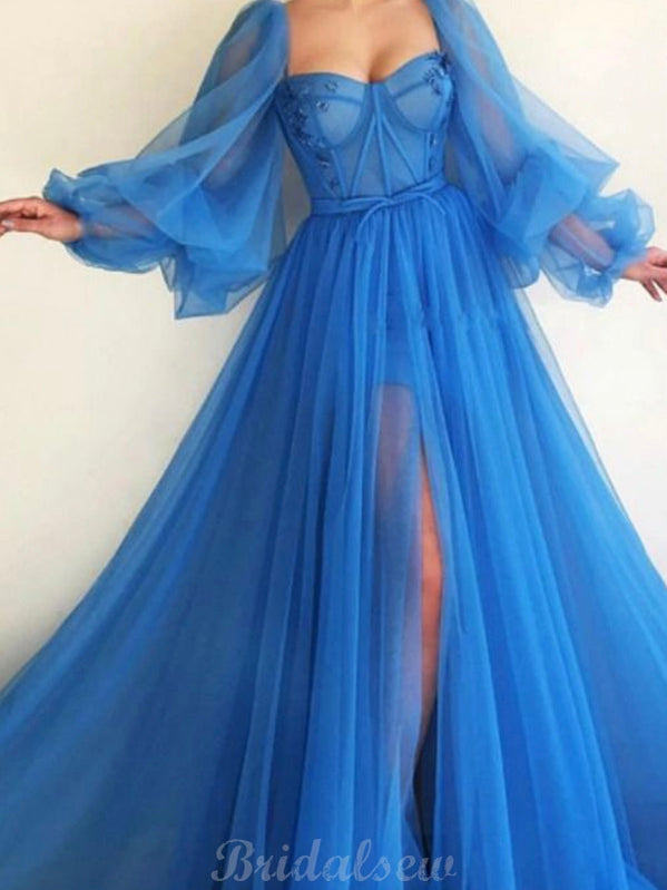 Blue Long Sleeves Tulle Side Slit Long Modest Evening Prom Dresses Online PD090