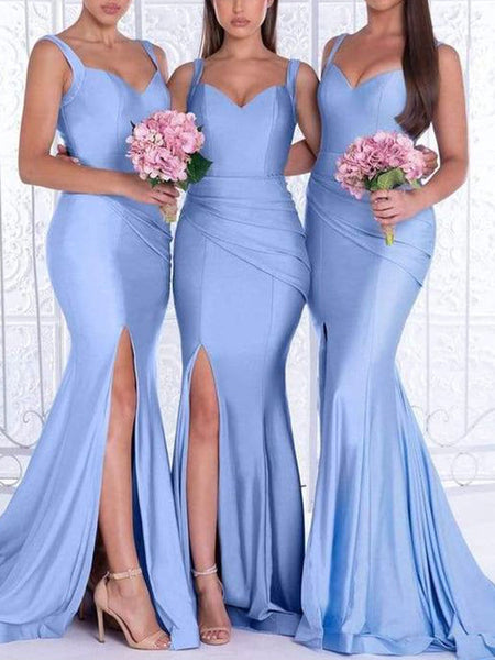 Blue Mermaid Satin Sleeveless Elegant Formal Long Bridesmaid Dresses w ...