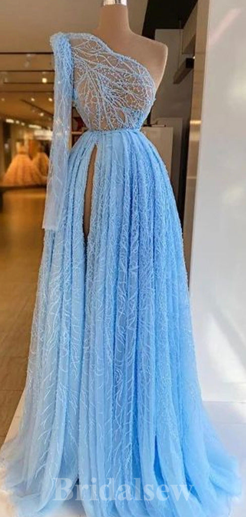 Blue Sequin Sparkly One Shoulder High Slit Modest Long Women Evening Prom Dresses PD866