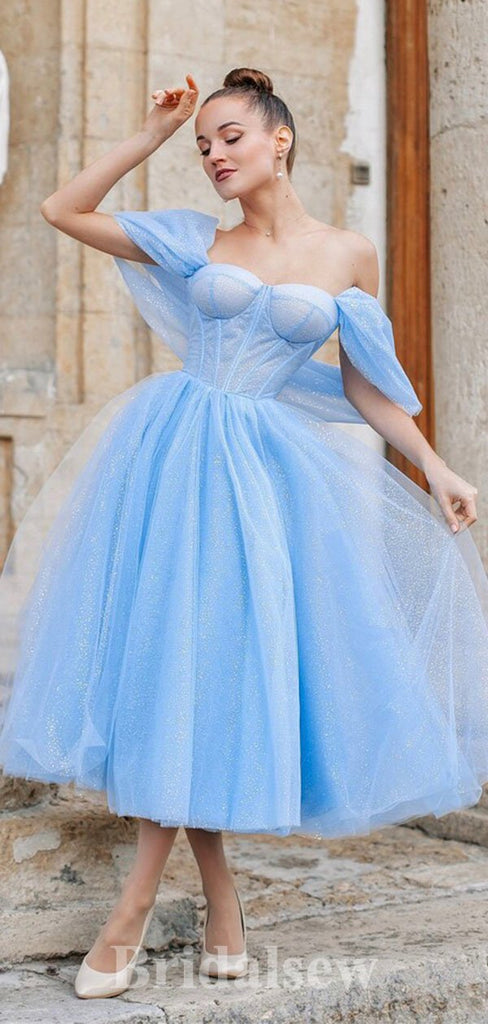 Blue Sparkly Sequin Short Prom Dresses, A-line Off Shoulder Fairy Princess Homecoming Dresses, HD021