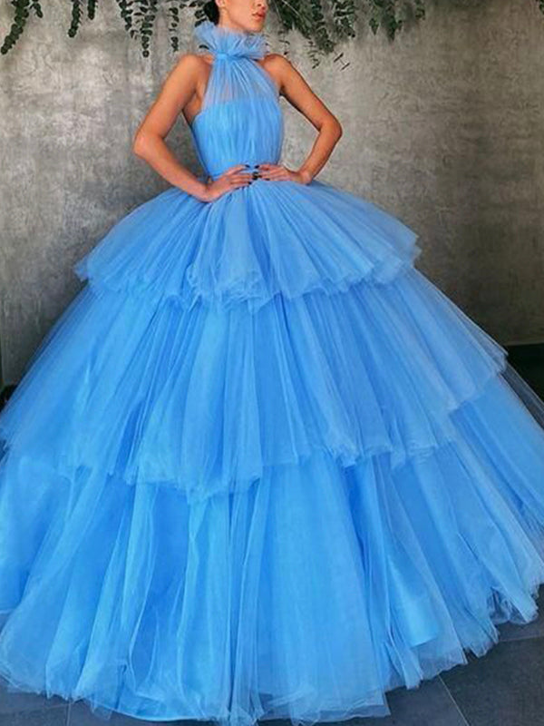 Blue Tulle Gorgeous High Neck Women Fashion Long Prom Dresses, Ball Gown PD195
