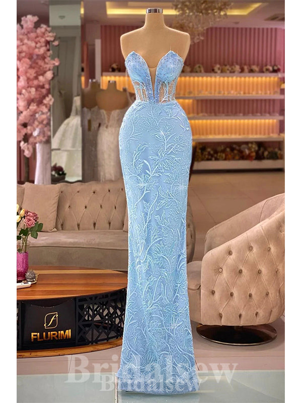 Blue Lace Mermaid Stylish Elegant Unique Modest Long Women Evening Prom Dresses PD756