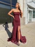 Burgundy Custom Strapless Elegant Mermaid Long Evening Prom Dresses PD1204