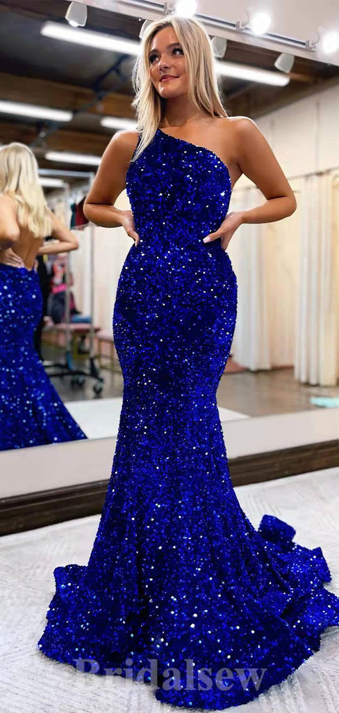 Burgundy Royal Blue Black Sequin Glitter Long Mermaid Sparkly One Shoulder Evening Prom Dresses PD930