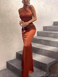 Burnt Orange Halter Mermaid Best Elegant Formal Black Girls Slay Satin Evening Long Prom Dresses PD529