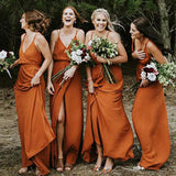 Burnt Orange Spaghetti Straps Open Back Bridesmaid Dresses With Split BD022