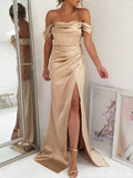 Champagne Off the Shoulder Mermaid Elegant Evening Modest Party Long Prom Dresses PD457