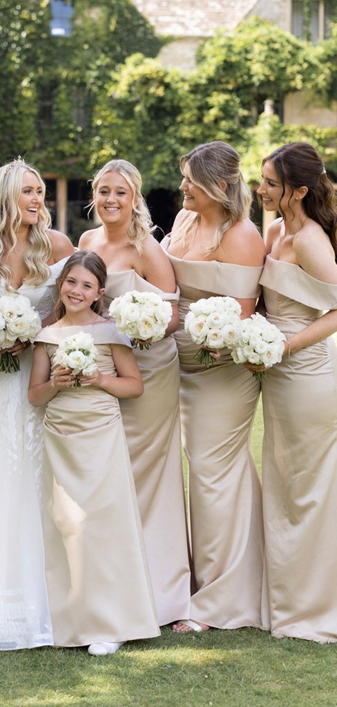 Champagne Off the Shoulder Mermaid Satin Plus Size Elegant Long Formal Bridesmaid Dresses BD196