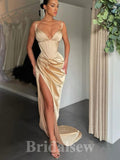 Champagne Unique Sexy High Slit Mermaid Formal Party Long Evening Prom Dresses PD1072