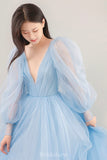 Charming A-line Long Sleeves Blue Tulle Elegant Princess Long Women Evening Prom Dresses PD733
