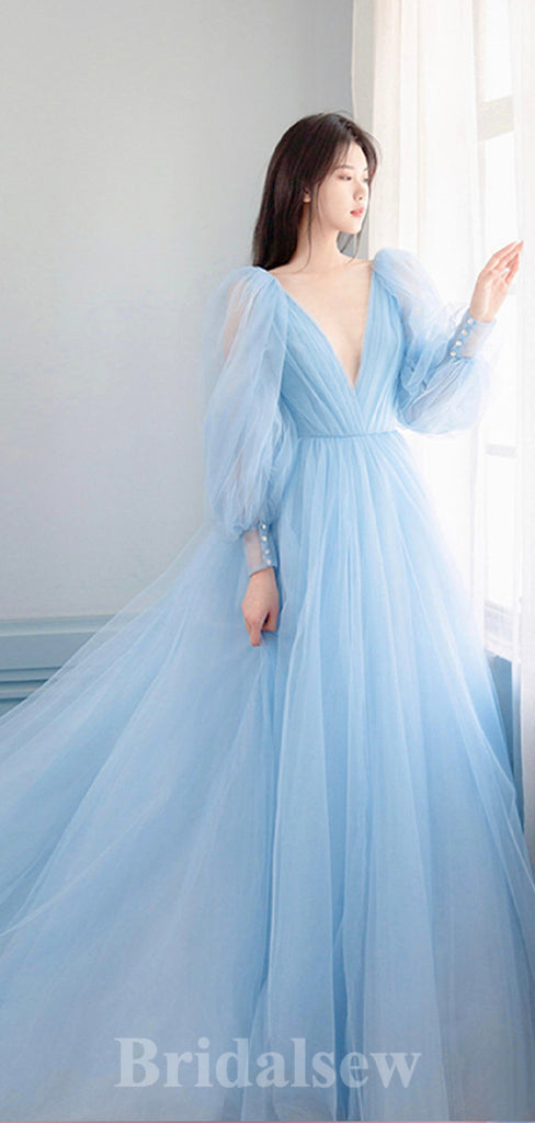 Charming A-line Long Sleeves Blue Tulle Elegant Princess Long Women Evening Prom Dresses PD733