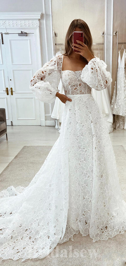Charming A-line Long Sleeves Full Lace Beach Vintage Long Wedding Dresses WD345