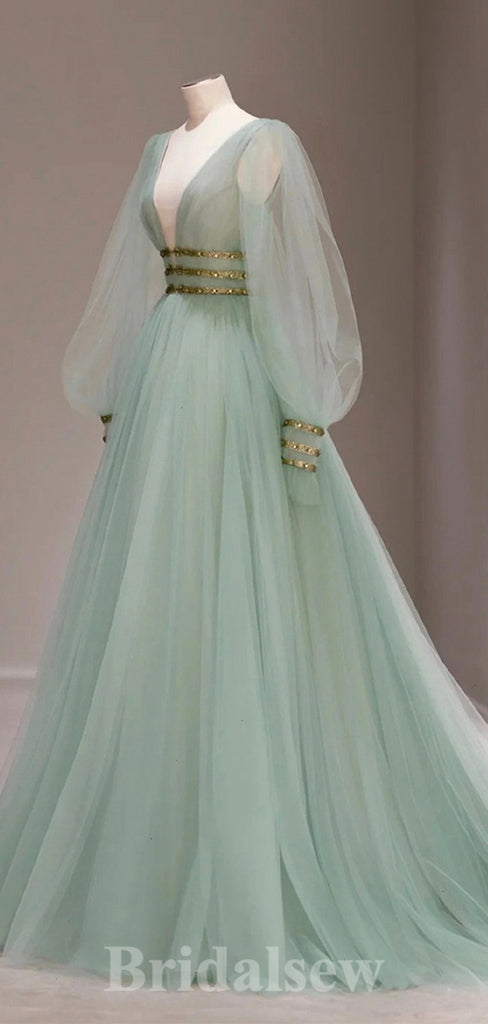 Charming A-line Long Sleeves V-neck Tulle Elegant Princess Long Women Evening Prom Dresses PD732