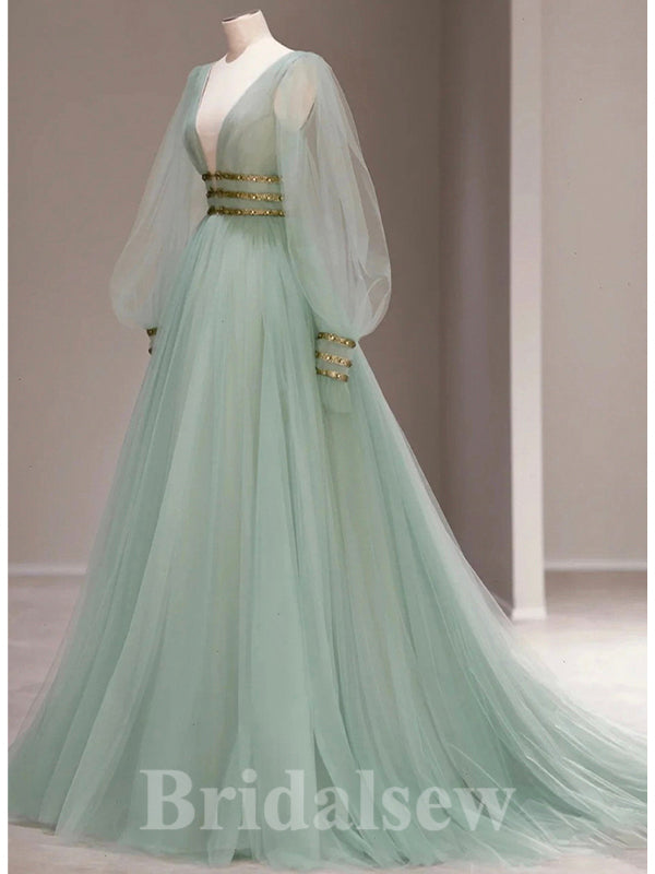 Charming A-line Long Sleeves V-neck Tulle Elegant Princess Long Women Evening Prom Dresses PD732